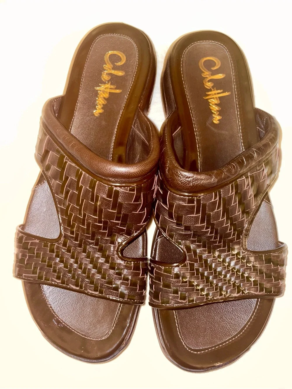 New Cole Haan Brown leather slides with woven texture #slides #leather #ColeHaan
